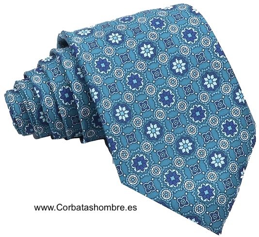 CORBATA TURQUESA CON MOSAICO FLORASL MUY ELEGANTE 