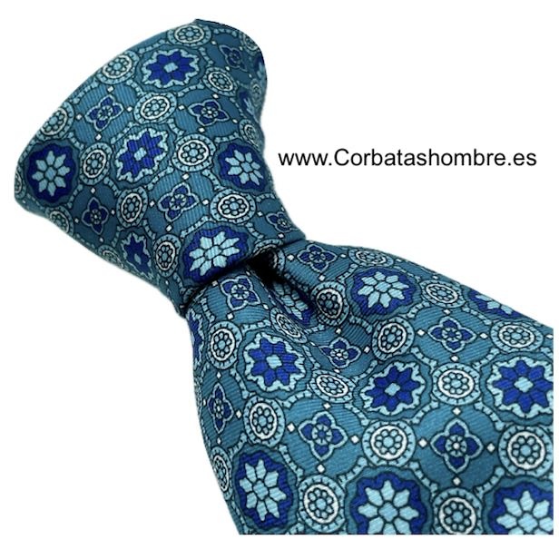 CORBATA TURQUESA CON MOSAICO FLORASL MUY ELEGANTE 