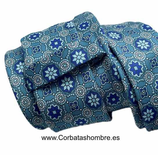 CORBATA TURQUESA CON MOSAICO FLORASL MUY ELEGANTE 