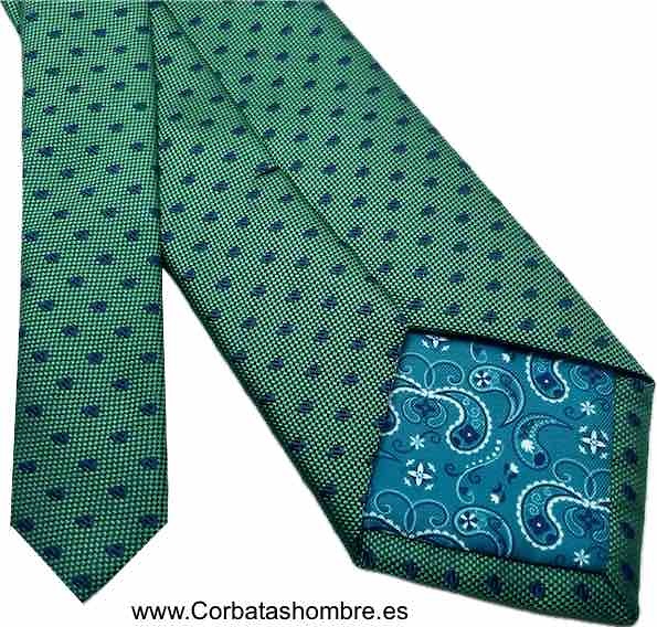 CORBATA VERDE CON TOPOS DOBLES AZUL MARINO 