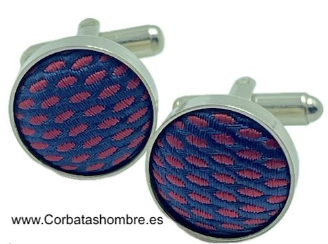 GEMELOS DE METAL Y TELA DE MINI CAPSULAS ROJAS SOBRE AZUL MARINO 