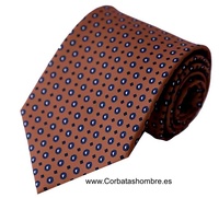 CORBATA ANCHA OCRE CON LUNARES AZUL MARINO ALTERNADOS DE PEQUEÑOS ROMBOS