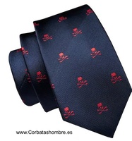 CORBATA AZUL MARINO DE CALAVERAS ROJAS 