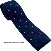 CORBATA DE PUNTO AZUL MARINO CON LUNARES ROSAS   ELEGANTES