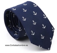 CORBATA ESTRECHA AZUL MARINO DE ANCLAS BLANCAS