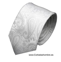 CORBATA ESTRECHA BLANCA CON DIBUJO CACHEMIR O PASLEY