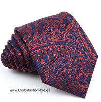 CORBATA PRECIOSA JACQUARD DE CACHEMIR Y MOTIVOS VENECIANOS EN  AZUL MARINO OCURO Y ROJO 