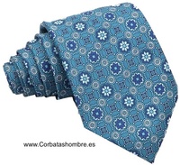 CORBATA TURQUESA CON MOSAICO FLORASL MUY ELEGANTE